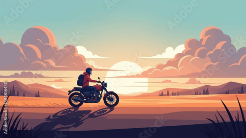 A person on a motorcycle rides through a scenic landscape at sunset