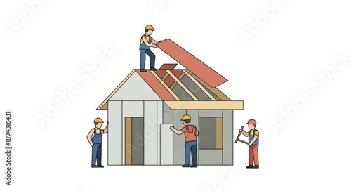 Construction workers building a house on a white background.