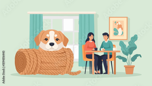 A large rope dog sits in front of a couple at a table