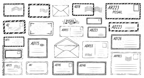 Set of 20 vintage postal envelope and label vector illustrations