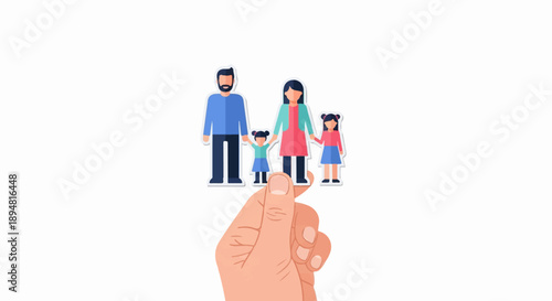 A hand holds a cutout of a family of four against a white background