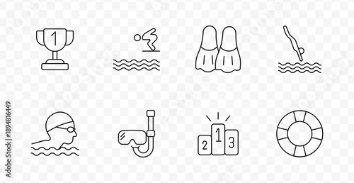 Swimming set icon. Line icons showing swimmer, diving board, fins, snorkel, lifebuoy, podium, trophy, competition elements, water activities, strokes, and gear
