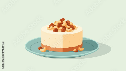 A simple illustration of a cheesecake topped with mixed nuts on a plate