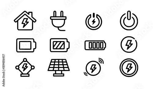 Bold outline energy and smart home power icons set vector illustration