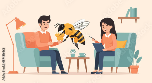 A man and woman sit in chairs, a bee offers honeycomb