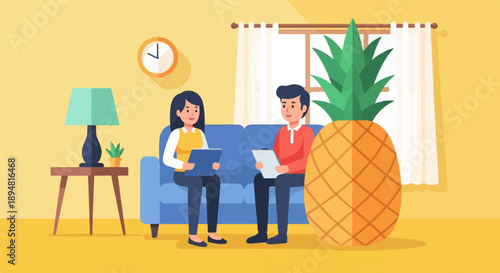 A man and woman sit on a couch with a large pineapple nearby