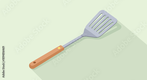 A simple illustration of a slotted spatula with a wooden handle against a pale green background