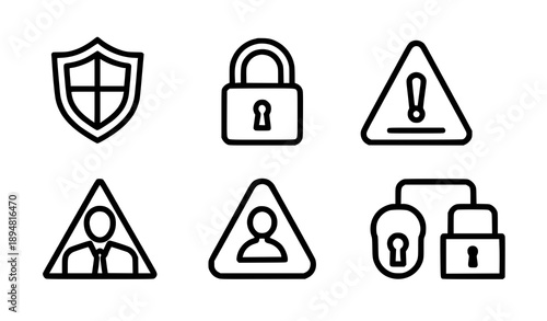 Bold outline security access warning icons set cybersecurity vector