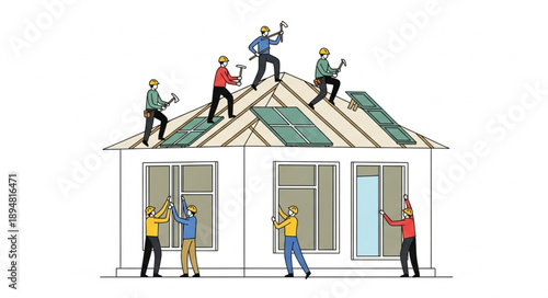 Construction workers building a house on a white background.