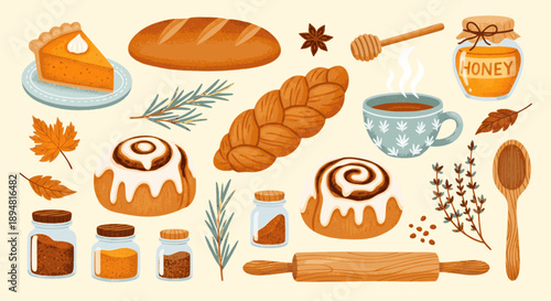 Autumn baking ingredients and treats vector illustration