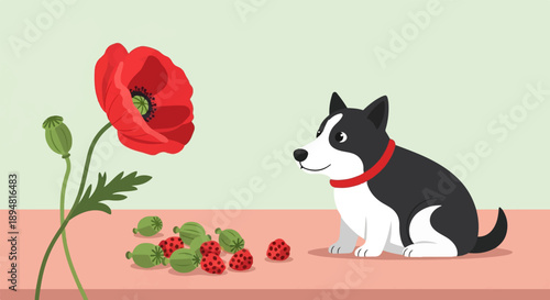 A playful dog sits watching a bright red poppy and a small pile of berries