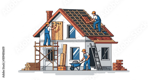 Construction workers building a house on a white background.
