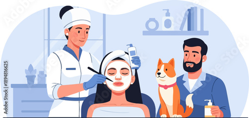 A person receives a facial while a man and dog observe
