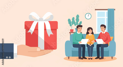 A hand offers a gift to a family in a living room