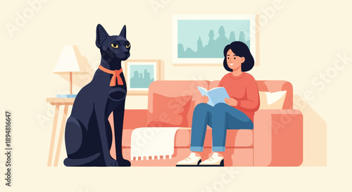 A person reads on a sofa with a cat nearby in a cozy room