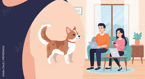 A man and woman on a couch with laptops; a dog is shown close up