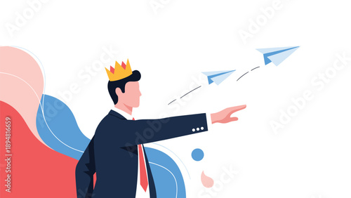 Confident businessman wearing a gold crown points toward his goals while paper planes fly past representing leadership and ambitious vision for success.
