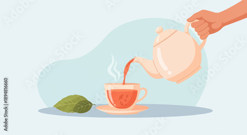 A hand pours hot tea from a teapot into a cup, with leaves nearby