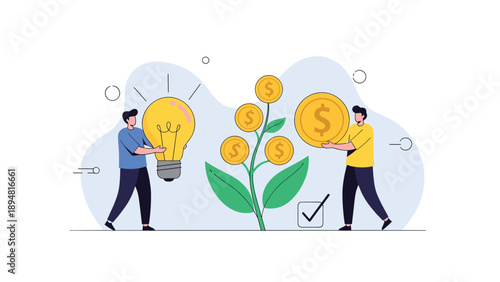 Two men collaborate to grow a money tree by watering it with ideas from a giant lightbulb and adding coins for financial prosperity and investment.
