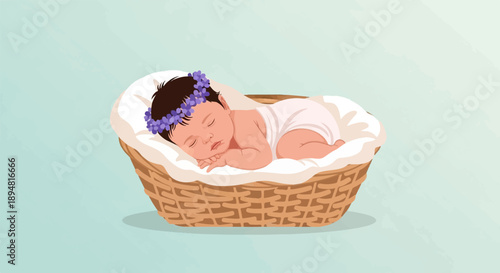 A peaceful infant girl with a floral crown sleeps in a wicker basket