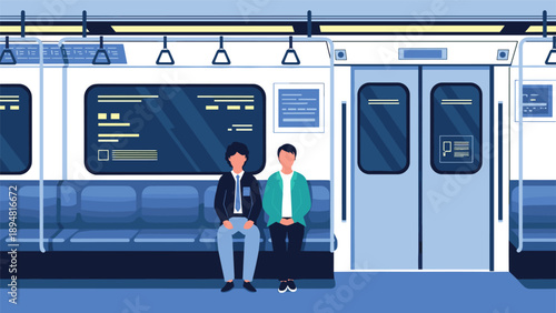 Two people sit together on a commuter train interior during a public transit journey through an urban subway system with empty seats for travel.