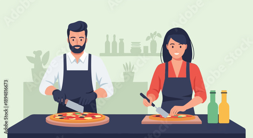A man and woman in aprons prepare pizzas on a counter with bottles