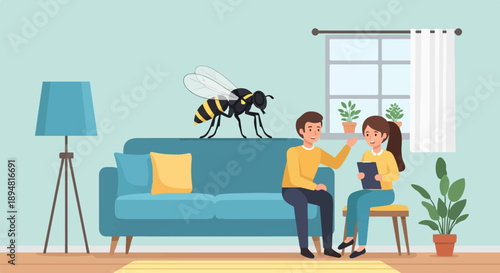A man and woman in a living room with a large bee on the couch