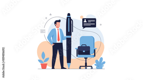 Professional man stands beside a giant blue pen and an office chair symbolizing the power of writing and career development in the business world.