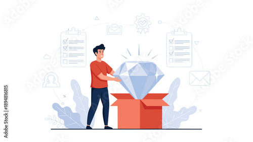 Man carefully lifts a large shining diamond out of a box with checklists in the background for a concept of finding high quality talent in business.