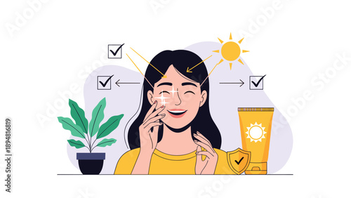 Happy young woman applies sunscreen to her face while sun symbols and a cream tube highlight the importance of skin care and protection for health.