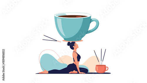 Woman practices a yoga cobra pose on a mat while balancing a giant blue coffee cup on her head for a morning energy and health concept in life.