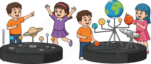 Happy children learning space science with solar system models illustration showing planets, astronomy education, STEM learning, classroom activities, curiosity and fun together
