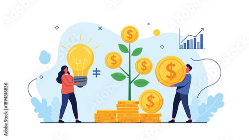 Two business people collaborate to grow a financial tree by watering it with creative ideas from a lightbulb and adding coins for wealth and growth.