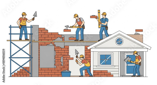 Construction workers building a house on scaffolding.