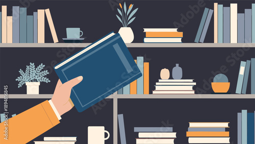 Person reaches for a blue book from a dark library shelf filled with many books plants and a coffee cup for a quiet reading environment at home.