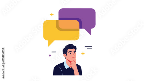 Pensive man with his hand on his chin thinks about different options represented by colorful speech bubbles for decision making and ideas in life.