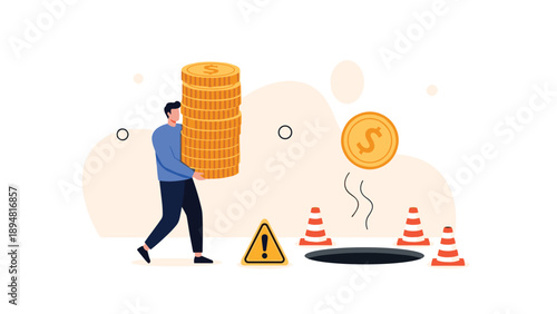 Man carries a heavy stack of gold coins toward a dangerous hole in the ground with warning cones for a concept of financial loss and risk in work.