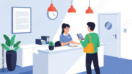 Customer at a modern medical clinic reception desk speaks with a receptionist while holding a tablet for an appointment check in process for care.