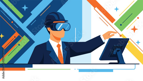 Businessman in a suit and hardhat uses a virtual reality headset to interact with digital screens for an industrial technology project in office.