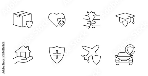 Insurance set icon. Box, heart, spine, diploma, house, shield, airplane, car with shield overlays drawn in line style focusing on coverage and protection.