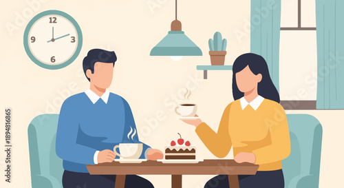 A man and woman enjoy coffee and cake at a cozy cafe, near a window