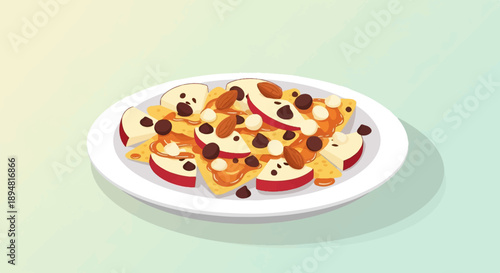 A plate of sweet nachos topped with fruit, chocolate, nuts, and caramel