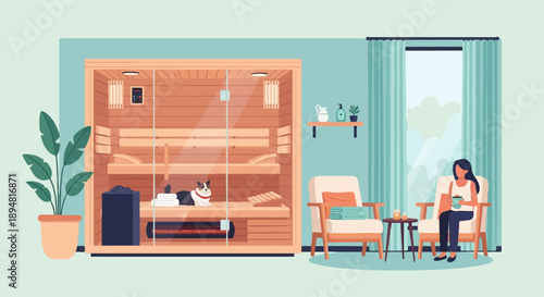 A person relaxes with a drink near a cozy home sauna with a dog