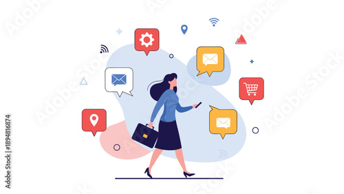 Businesswoman walking with briefcase surrounded by digital communication and task icons representing modern connectivity.