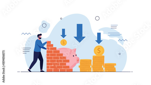 Man constructing brick wall to protect piggy bank and savings from falling market arrows representing financial security.