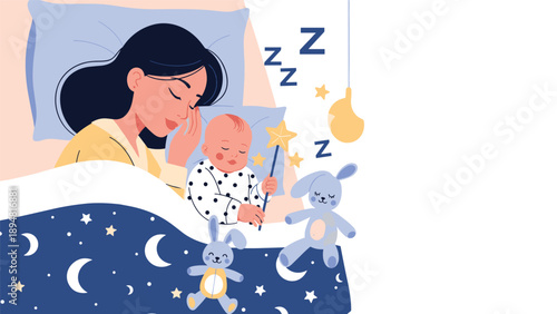 Mother and infant sleeping peacefully in bed decorated with stars and moon elements showing night time comfort and care.