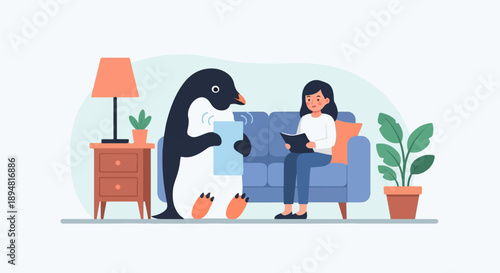 A penguin holding paper interacts with a woman reading on a couch