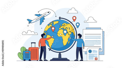 Two travelers pointing at various destinations on large world globe while planning international vacation near suitcases.