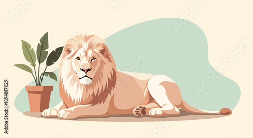 A majestic lion rests indoors with a potted plant nearby
