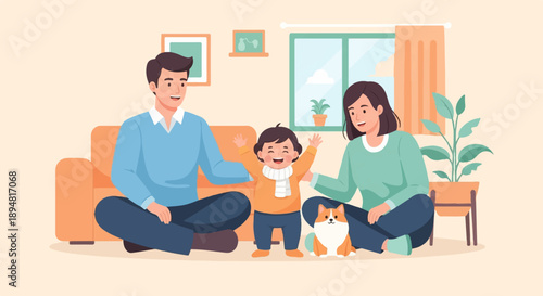 A happy family, a child, and a pet enjoy a cozy indoor moment together